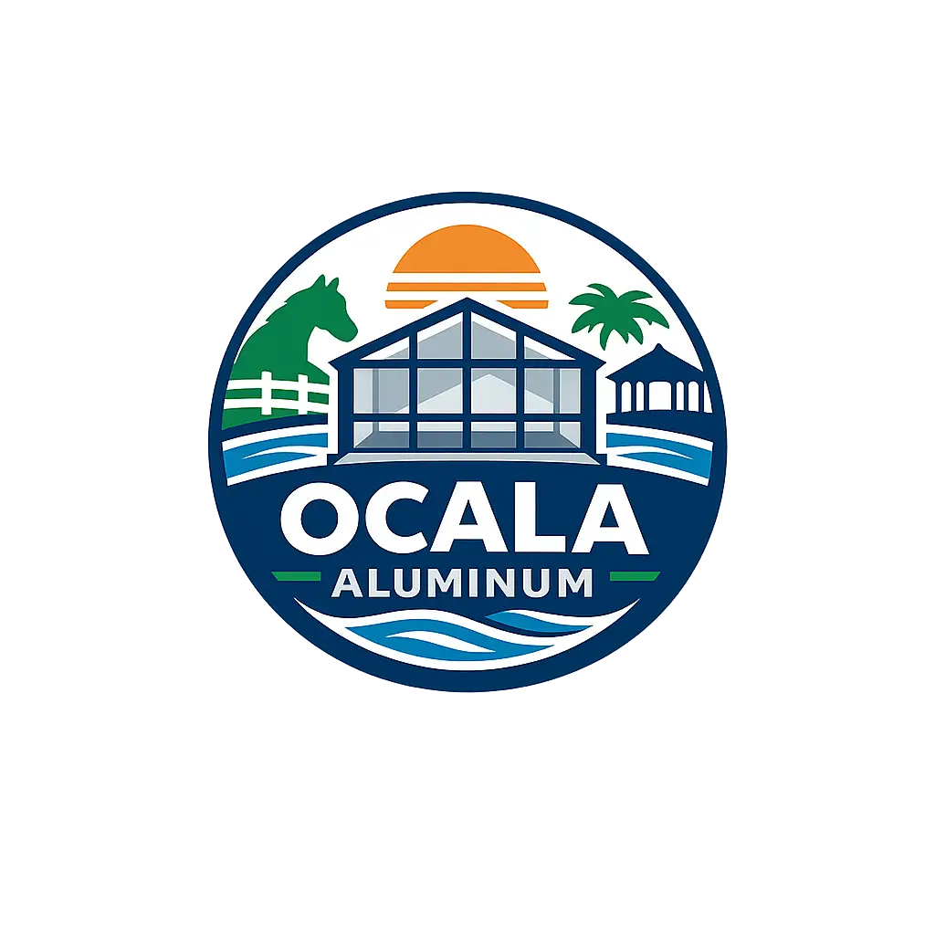 Ocala Aluminum logo featuring sunroom, pergola, horse, and palm tree icon.
